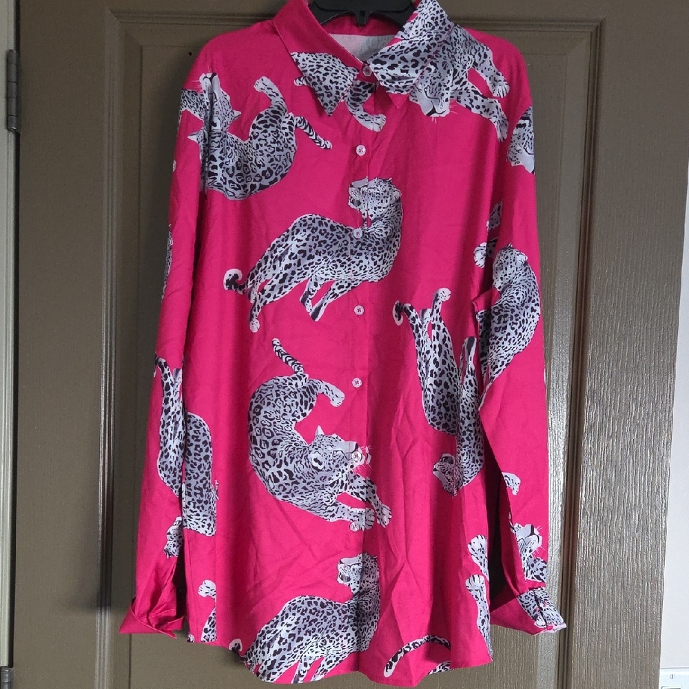 Pink Leopard Print Button-Up Shirt